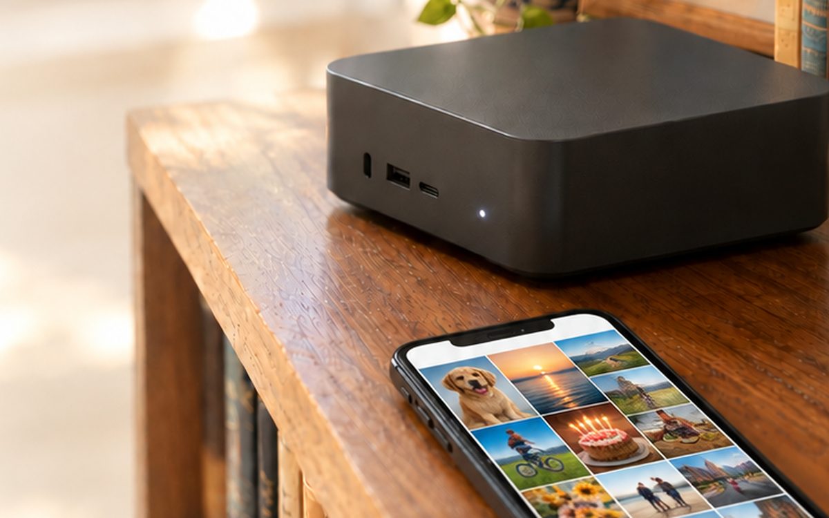 A small home server on a bookshelf next to a phone showing a photo gallery