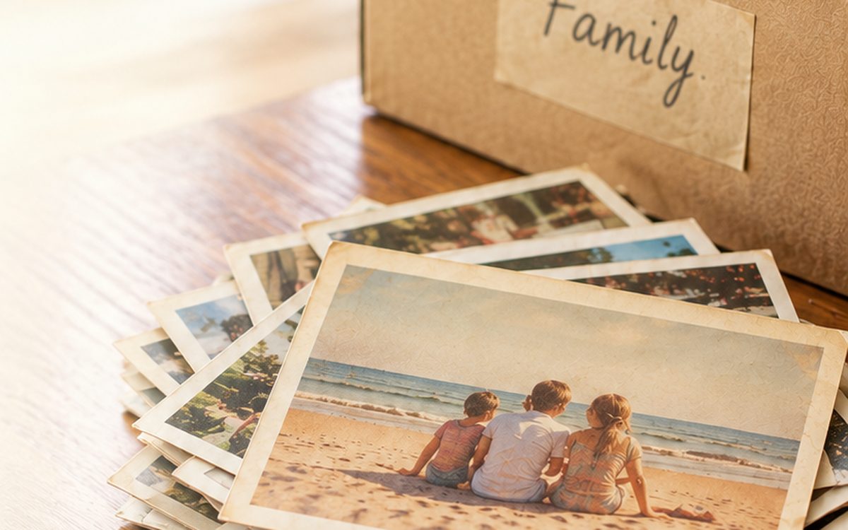 A box of old family photos and a stack of prints on a wooden table, next to a USB drive
